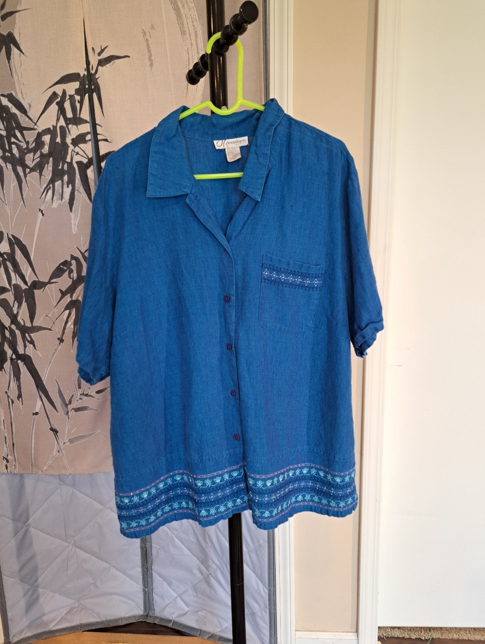 100% Linen Dressbarn Sz 22W Embroidered Button Down Blouse Shirt